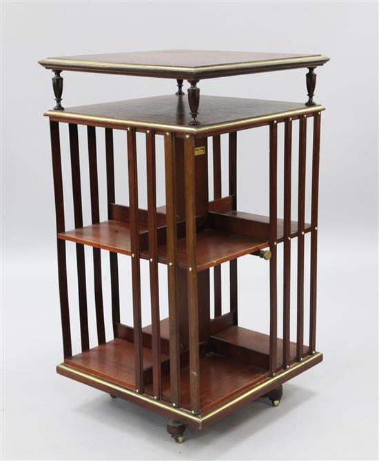 A late 19th century French Bibliotheque Terquem brass bound mahogany two tier revolving bookcase, W.1ft 9in.